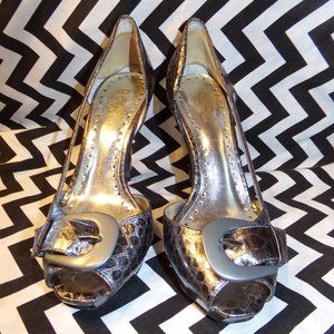 BCBG Paris Titanium Leather with Snakeskin Print Buckle Toe Pumps - Size 7